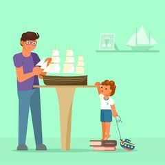 Father making model of sailboat and his son watching him. Vector illustration in flat style. Scale model building, model ships hobby concept design element.
