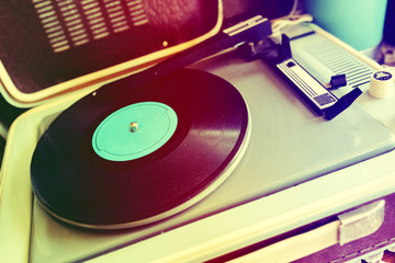 Record player of vinyl records of 60-70 years