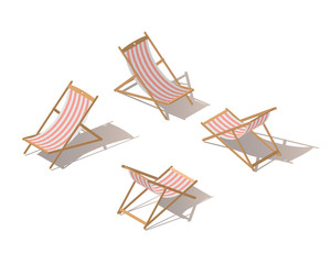 Isolated isometric chaise-longue wooden red striped deck chair, isolated on white background. Deck chair or Beach chaise longue. Flat 3d isometric illustration.