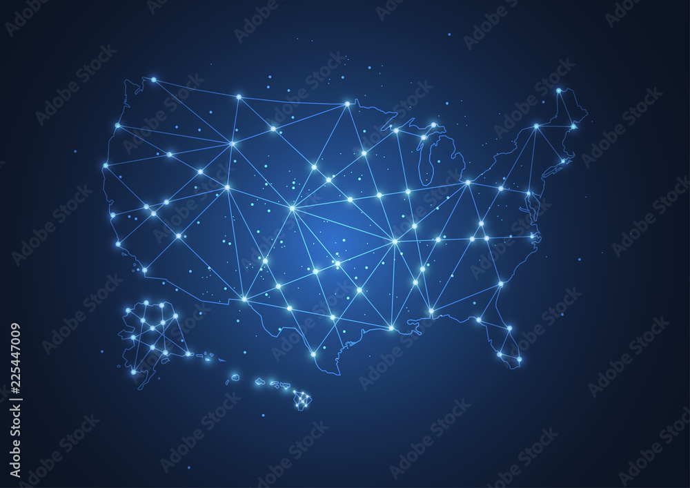 Poster abstract map of the united states created from dots and lines. technology and communication network 