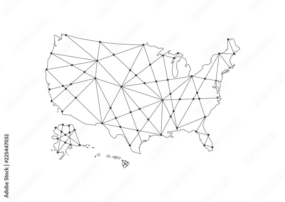 Poster abstract map of the united states created from dots and lines. technology and communication network 