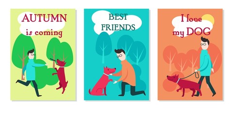 Man with dog cards vector flat illustration