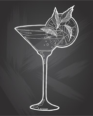Hand drawn sketch ice alcoholic cocktail with a slice of lemon and mint leafe vintage . Vector for coctail menu in chalkboard background.Vector illustration in sketch style.  Hand drawn design element