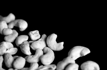 Cashew nuts on a dark background close up. Black and white