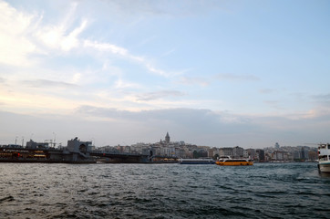 Naklejka premium View to Galata district and Galata bridge across the Bay of Golden Horn.Istanbul. Turkey