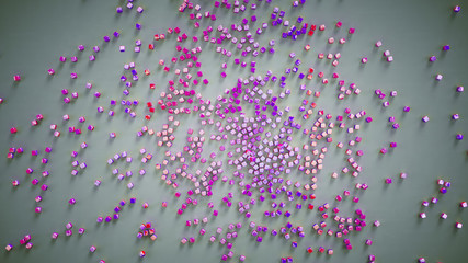 Small pink and purple cubic particles 3D render