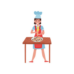 Woman decorating donuts with pastry bag. Confectioner or baker in working uniform. Flat vector design