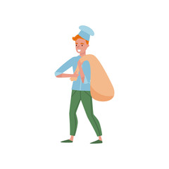 Baker holding big bag of flour. Cartoon man character in chef uniform with hat. Worker of bakershop. Flat vector design