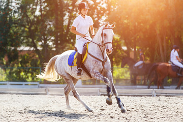 Young horse rider girl galloping on her course