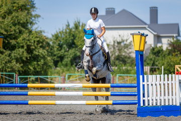 Equestrian sport. Young girl jumping over obstacle