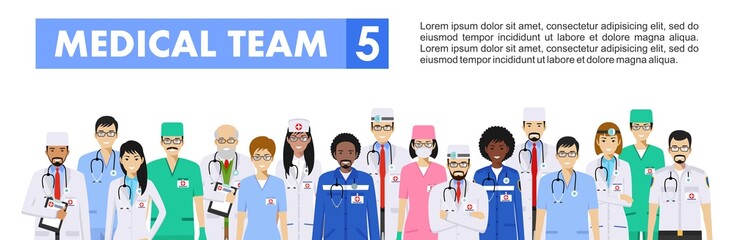 Medical concept. Detailed illustration of doctor and nurses in flat style isolated on white background. Practitioner doctors man and woman standing in different positions. Vector illustration.