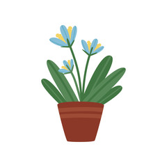 Beautiful flower with green leaves in brown ceramic pot. Small decorative houseplant. Flat vector element for home decor