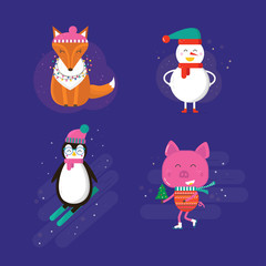 Merry Christmas greeting card with cute animals: pig, reindeer, penguin, fox and snowman