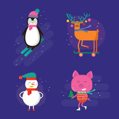 Merry Christmas greeting card with cute animals: pig, reindeer, penguin, fox and snowman