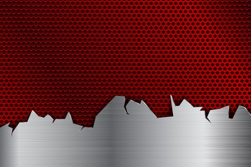Red metal perforated background with stainless steel element with torn edges