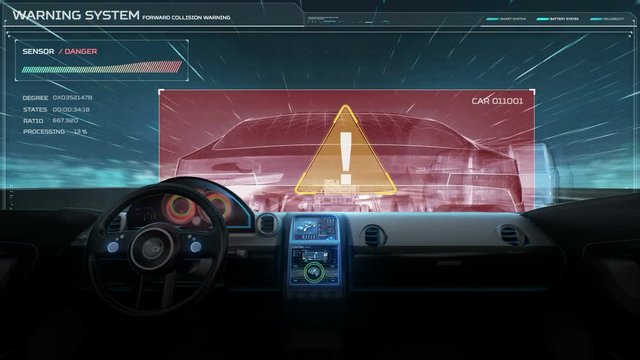 Inside of Future hybrid cars, Autonomous driving. Road Lane alert Artificial Intelligence, IoT connect automotive. 4k animation.