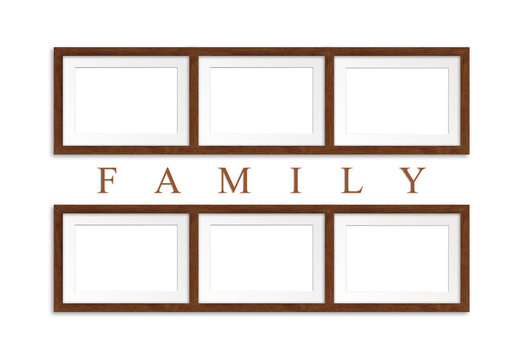 Photo frames for six family pictures collage. Interior decor mock up