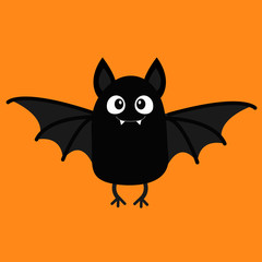 Bat vampire. Happy Halloween. Cute cartoon baby character with big open wing, ears, legs. Black silhouette. Forest animal. Flat design. Orange background. Isolated. Greeting card.