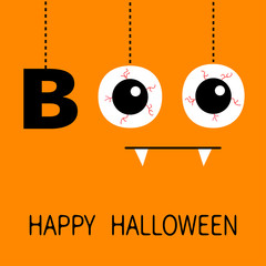 Happy Halloween. Hanging word BOO text Eyeballs bloody veins. Spooky fangs tooth. Dash line thread. Greeting card. Flat design. Orange background.