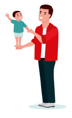 Happy little boy enjoying stands on his father's palm. Cartoon vector flat illustration on white background