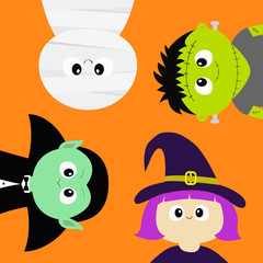 Happy Halloween. Mummy, Vampire count Dracula, whitch hat, zombie round face head body icon set. Cute cartoon funny spooky baby character. Greeting card. Flat design Orange background.