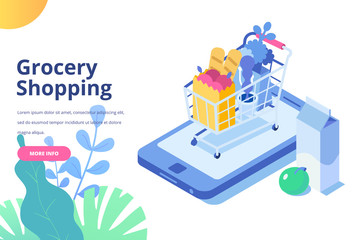 Online Grocery shopping concept. Isometric Shopping cart with  fresh food and drink.Order food, grocery online from app by smart phone. Flat isometric vector illustration.