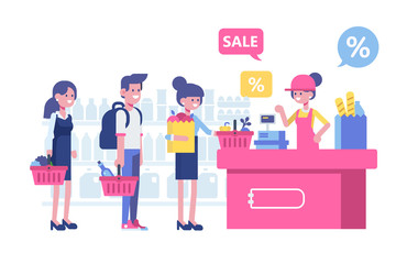 People Shopping in supermarket. Flat Vector character woman cashier in supermarket. Online shopping concept. Healthy food, cash register and buyers.