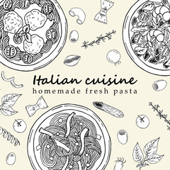 Hand drawn illustration of pasta in cartoon style. Perfect for menu, card, textile design