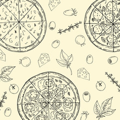 Hand drawn illustration of pizza in cartoon style. Perfect for menu, card, textile design