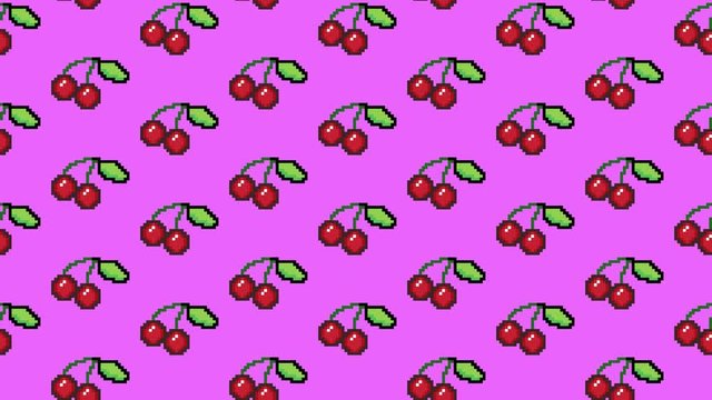 A vertical scrolling endless pattern: red cherries in pixel art style, pink background.

