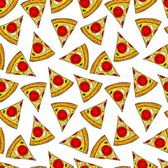 Seamless pattern of pizza in cartoon style. Perfect for menu, card, textile design