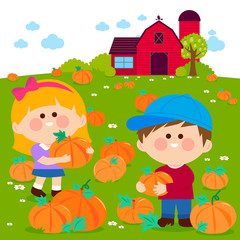 Obraz na płótnie Canvas Children at the farm picking pumpkins at the pumpkin patch. Vector illustration