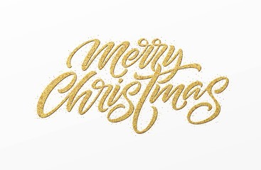 Merry christmas card with golden glitter lettering. Hand drawn text, calligraphy for your design. Vector illustration.