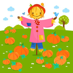Cute scarecrow in a pumpkin patch. Vector illustration
