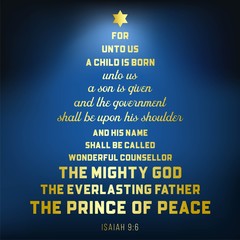 Fototapeta premium Bible verse from Isaiah 9:6 about jesus christ , a child is born, on bokeh background in Christmas theme