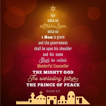 Bible verse from Isaiah 9:6 about jesus christ , a child is born, on bokeh background in Christmas theme