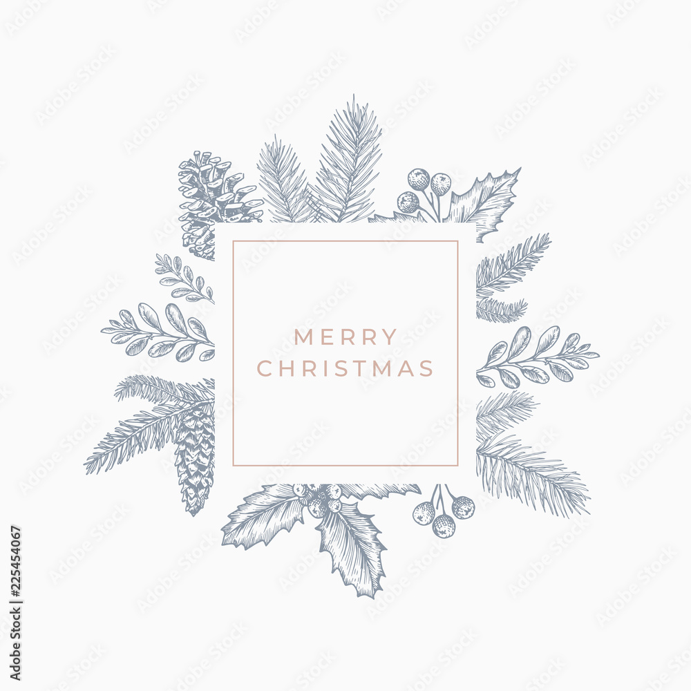 Canvas Prints merry christmas abstract botanical card with square frame banner and modern typography. grey and pin