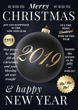 Christmas Greeting Card, Poster, Banner or Party Invitation as a Magazine Cover. Vector Realistic Xmas Ball with Soft Shadows and Modern Typography. Black on Black Background