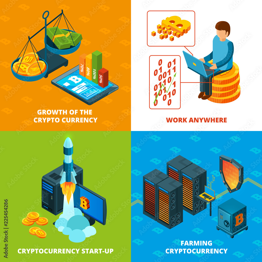 Poster cryptocurrency mining. electronic money blockchain research vector concept isometric compositions. i