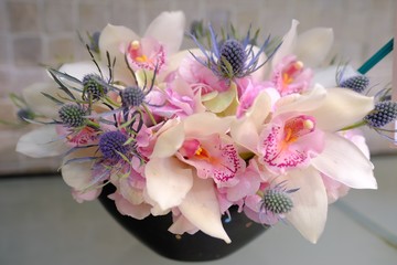 Romantic Flower bouquet arrangement colorful Gypsophila and chrysanthemum in full blossom creamy style