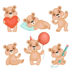 Cute bear pose. Cute animal teddy bear boy toys for kids birthday or valentine gifts vector characters set. Animal toy teddy, bear character happy illustration