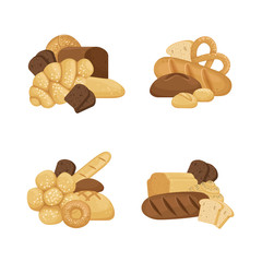 Vector cartoon bakery elements piles set isolated on white background illustration. Bread bakery food, bake snack breakfast