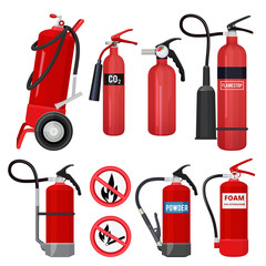 Red fire extinguishers. Firefighters tools for flame fighting attention colored vector symbols for fire station. Illustration of equipment safety, extinguisher protection