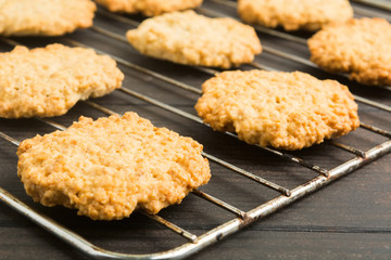Ready to eat oatmeal cookies on baking pan
