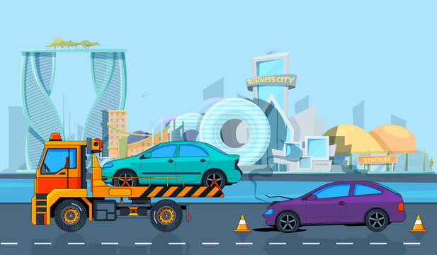 Transport accident in Urban landscape. Vector background in cartoon style. Illustration of road evacuate, broken transportation car