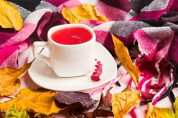 Autumn composition with red hot drink with colorful scarf and dry leaves