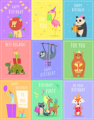 Birthday cards with animals. Wildlife zebra turtle lion and monkey characters at gift celebration colored vector cards. Illustration of birthday card with monkey and lion