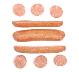 Sausage slices isolated on white background, top view