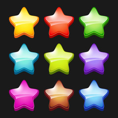 Colored cartoon stars. Shiny games crystal icons status symbols of gui vector items for mobile gaming. Illustration of star shiny cartoon for game