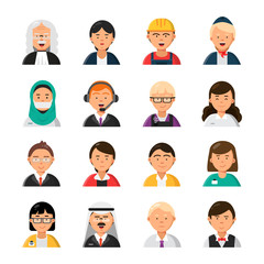 Occupations avatars. Waiter stewardess judge advocate manager builder male and female profession vector icons. Illustration of people worker professional, woman and man